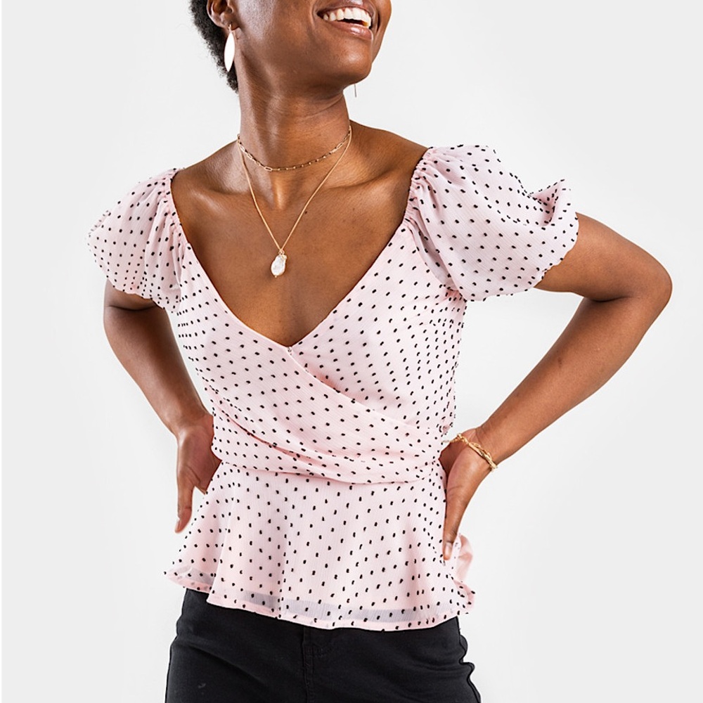 FRANCESCA’S Baby Pink Emily Polka Dot Puff Sleeve Surplice Blouse MEDIUM NWOT